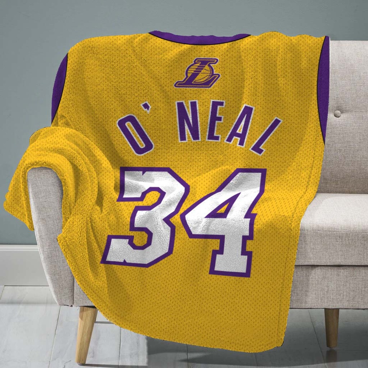 Sleep Squad Los Angeles Lakers Shaquille O'Neal 60” x 80” Raschel Plush Jersey Basketball Blanket